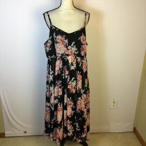 Torrid Midi Chiffon Pleated Dress 1X Womens Plus Black Pink Floral Sleeveless